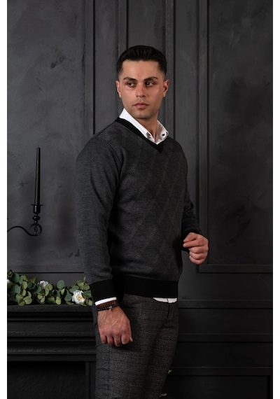 Woolen World Yünlü V Yaka Erkek Triko Kazak 001