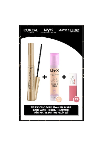 Telescopic Gold Maskara & Bare With Me 01 Kapatıcı Makyaj Seti & Matte Ink 15 Mini pktmaskkapatminiruj-10899 0