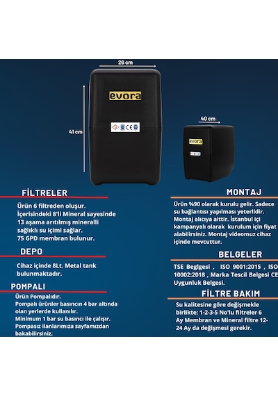 13 Aşamalı 8 L Çelik Tanklı Pompalı Multimineralli Su Arıtma Cihazı Premium Seri