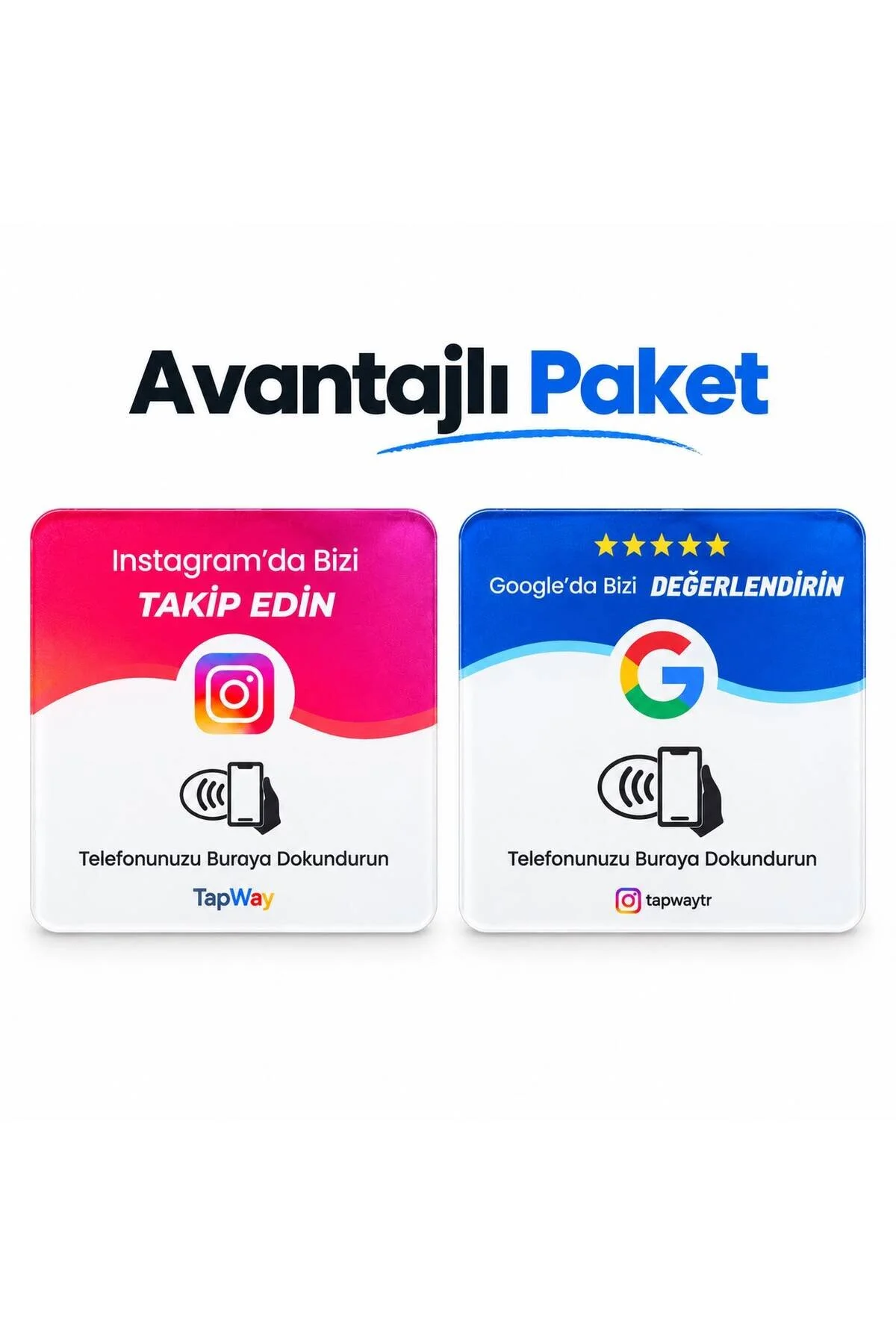 2'li Avantajlı Paket 1 Instagram Takip 1 Google Değerlendirme Kartı 9x9 Cm Şeffaf Pleksi Nfc
