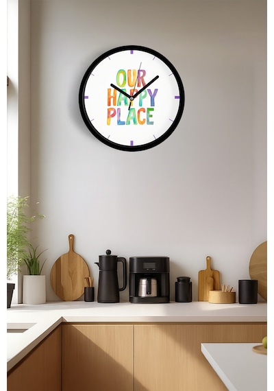 Modern Yazılı Tasarım - '' Our Happy Place '' Duvar Saati - 25cm - Önü Camlı Siyah Kasa-jh0908 Siyah