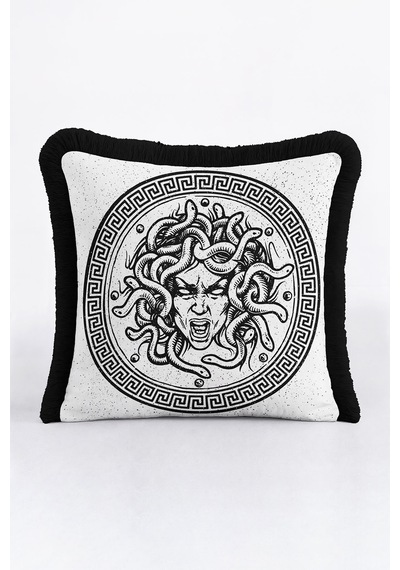 Mitolojik Medusa Figürlü Saçaklı Yastık Kılıfı - Yunan Esintili Modern Siyah Püsküllü Kırlent Kılıfı Doygun Fırtına Aqua Mitolojik Medusa Figürlü Saçaklı Yastık Kılıfı - Yunan Esintili Modern Siyah Püsküllü Kırlent Kılıfı Doygun Fırtına Aqua