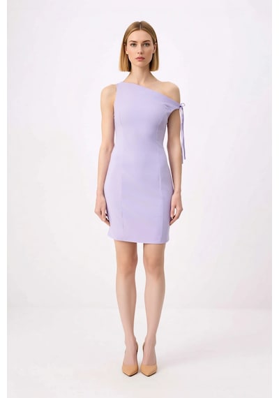 Benerly Kadın Asimetrik Yaka Kolsuz Mini Bodycon Esnek Dokuma Elbise Asta Lila