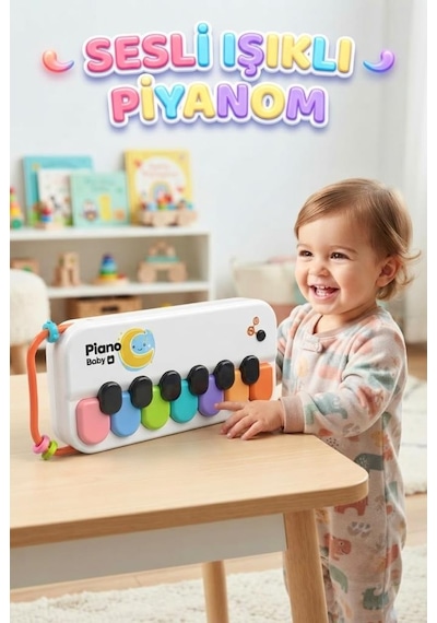 Işıklı ve Sesli 2'si 1 Arada Pilli Eğitici Bebek Piyanosu 2 Kademeli Ses Ayarlı İlk Piyano Deneyimi Turuncu