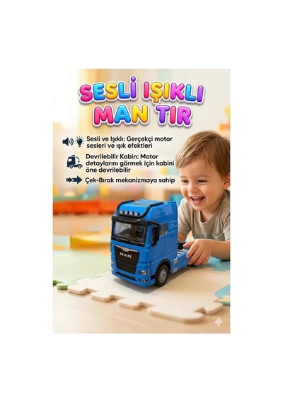 Işıklı Sesli Pilli Çek Bırak Man Metal Oyuncak Tır Mavi