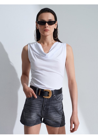Dilvin 32878 Lyocell Karışımlı Degaje Yaka Top-beyaz