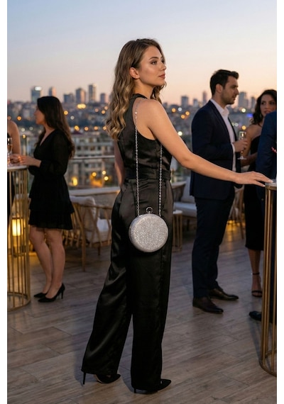 Vivazzaluxe Modern Yuvarlak Model Simli Düğün Nişan Gelin Kadın Abiye Clutch Çanta Gümüş
