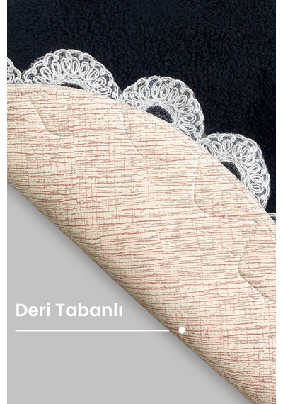 Gülruba Oval Siyah Çeyizlik Dantelli 2'li Banyo Paspası Seti Kaymaz Tabanlı Klozet Takımı