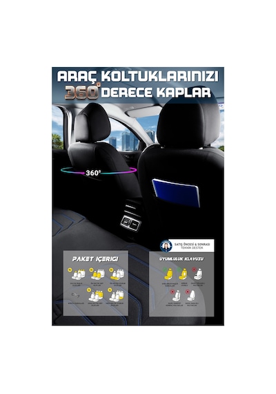 Tofaş Kartal L Uyumlu Lüx Deri Detaylı Oto Koltuk Kılıfı Ön Arka Takım Carbon Siyah Mavi