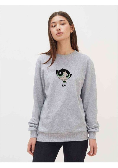 Powerpuff Girls Buttercup Baskılı Gri Kadın Sweatshirt