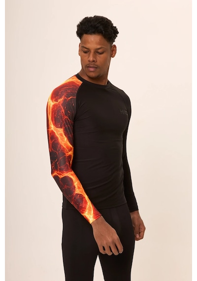 Hnc Sport Ateş Erkek Uzun Kol Tek Kol Dijital Baskılı Compression Fitness Gym Spor Body Tshirt Siyah