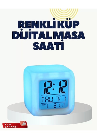 Home Termometre Ve Takvim Özellikli 7 Renk Değiştiren Küp Alarm Saati Çok Renkli