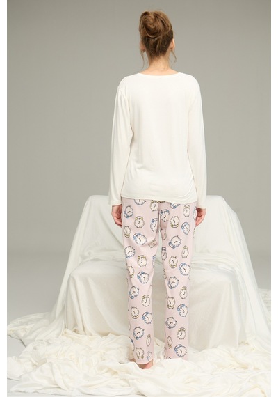 Siyah İnci Saat Desenli Pamuklu Bisiklet Yaka Örme Pijama Takım25241152 Ekru