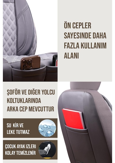 Citroen C-elysee Uyumlu Lüx Yarı Deri Oto Koltuk Kılıfı Ön Arka Takım Petra Füme