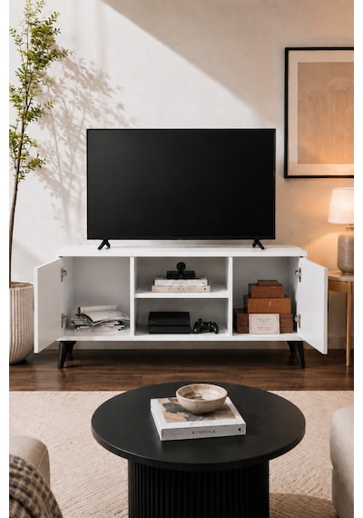 Vermo Tv Sehpası Tv Ünitesi Televizyon Sehpası Beyaz 110 Cm Beyaz