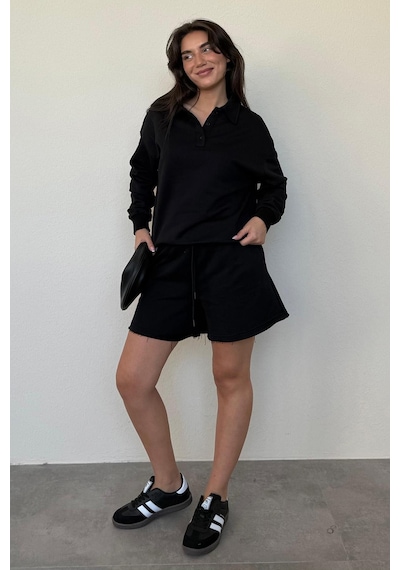 Madmext Siyah Polo Yaka Kadın Şort Sweatshirt Takım Mg2375