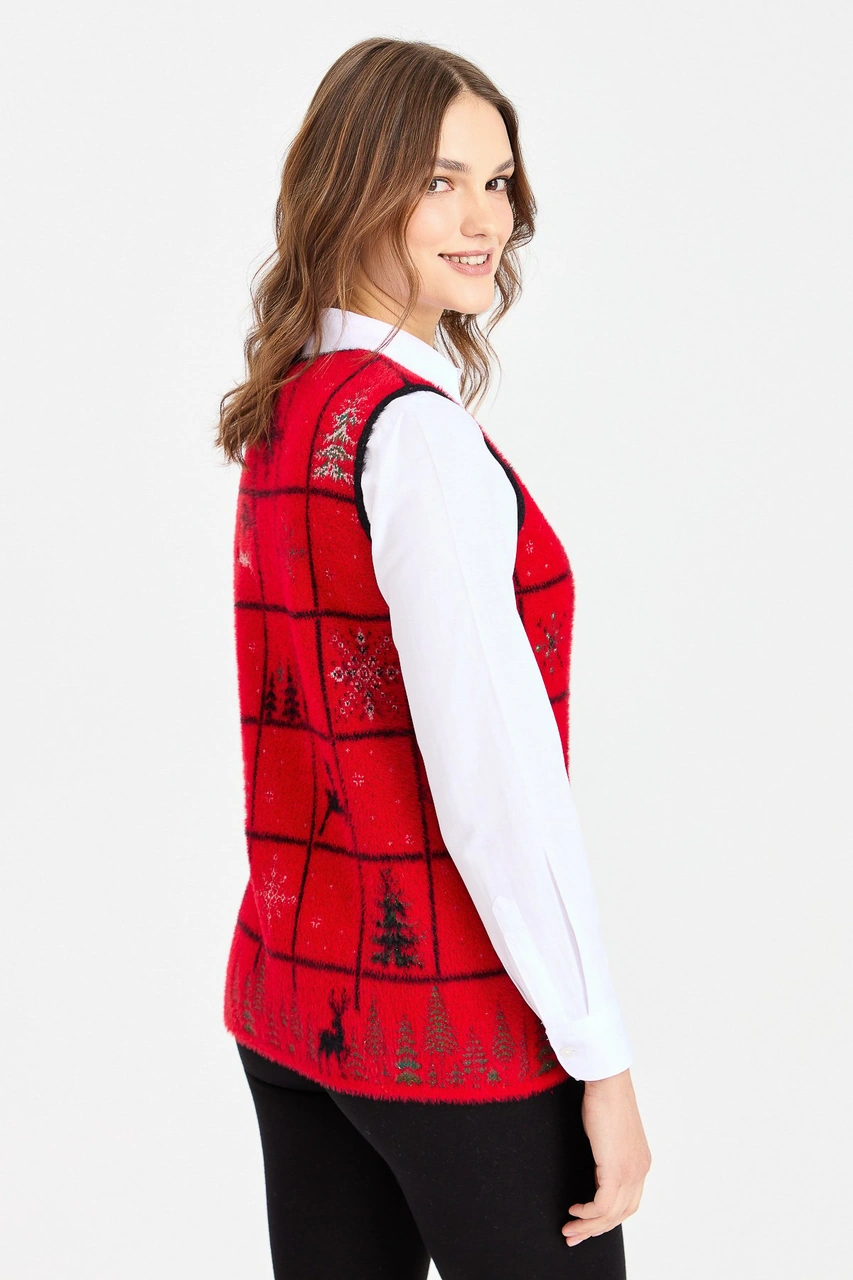 Desen Triko Kadın Sıfır Yaka Patchwork Yılbaşı Desenli Yelek Kırmızı Kırmızı