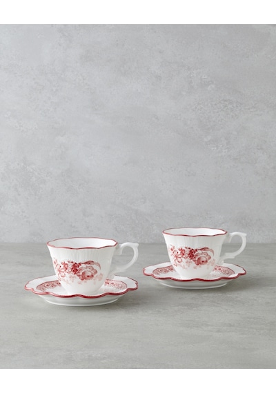 English Home Carmine Porselen 4 Parça 2 Kişilik Çay Fincanı Takımı 200 Ml Kırmızı - Beyaz