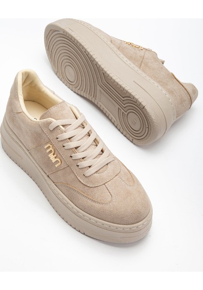 Bahrina Kadın Beyaz Cilt Kalın Taban Tokalı Sneaker Bej Süet