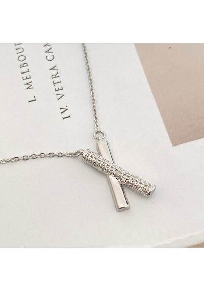 X Kolye Kadın Kolye Full Zirkon Taşlı Kolye 45cm Silver