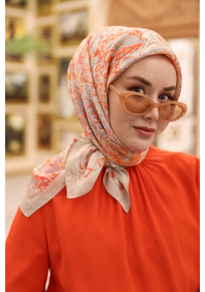 Silk Home Olinda İpek Eşarp 47002-35 Bej, Lila, Turuncu, Parlak Turuncu, Pudra