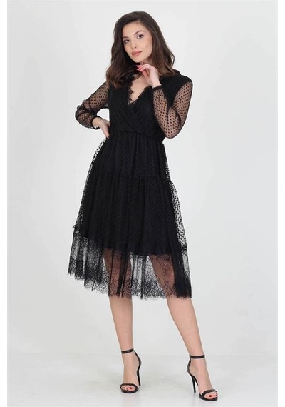 Neşeli Butik Neseli Butik Kruvaze Yaka Eteği Güpür Detaylı Yeni Sezon Elbise Nb0010 Siyah