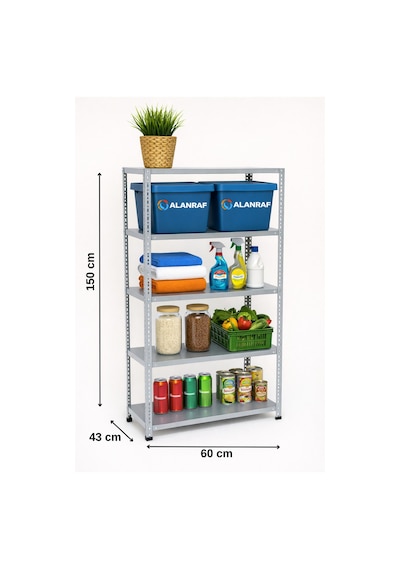 5 Katlı Galvaniz Çelik Raf - Depo, Arşiv, Kiler, Dosya, Market Rafı 43x60x150 Cm