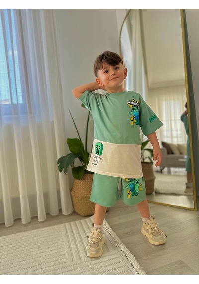 Miniko Kids Erkek Çocuk Minecraftt Modelli Baskılı Şortlu Pamuk Takım Yeşil