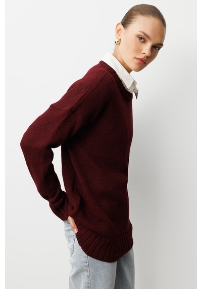 Mizalle Yuvarlak Yaka Oversize Bordo Triko Kazak Bordo