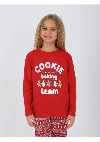 Kız Çocuk Uzun Kollu %100 Pamuklu Pijama Takımı Cookie Team Kırmızı