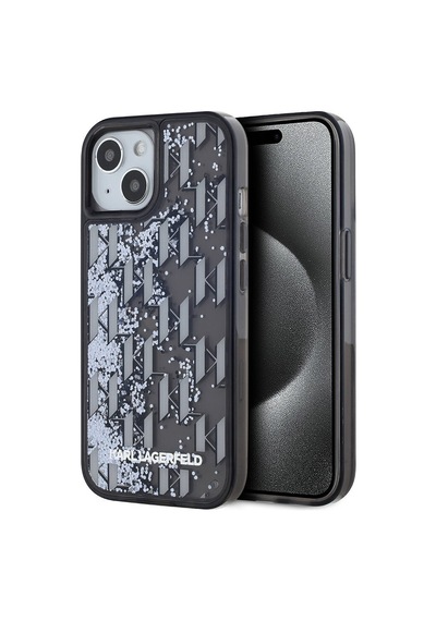 Apple Uyumlu iPhone 15  Kılıf Karl Lagerfeld  Lisanslı Simli Kl Yazılı Monogram Gradıent Kapak Siyah