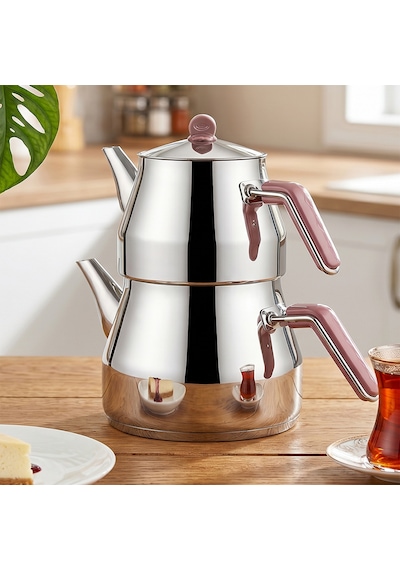 Porsima 1025-1 Prizma Bakalit Kulp Orta Boy Paslanmaz Çelik Çaydanlık Takımı - Rose - 1.10-2 Lt