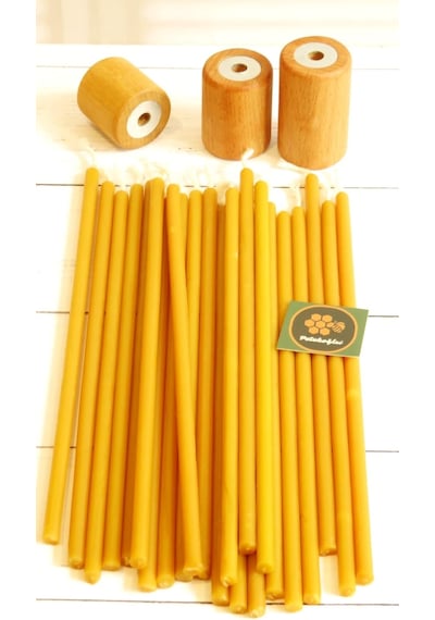 50 Adet Balmumu Mum Ve 3 Adet Özel Dizayn Ahşap Silindir Mumluk Dilek Mumu Doğal Petek Mum Beeswax Candle Sarı Çok Renkli