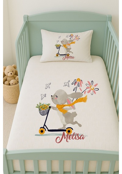 %100 Pamuk İsme Özel İsimli 100x150 Cm Pike Seti Scooterlı Tavşan