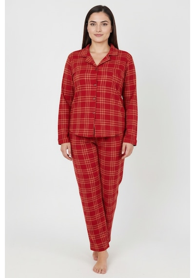 Bravie Luxury Soft Kırmızı Ekose Desenli Uzun Kollu Kadın Pijama Takımı Büyük Beden 3018 Kırmızı
