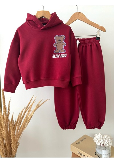 Magu Çocuk Ayıcık Baskılı Bordo Kapüşonlu Sweatshirt Ve Eşofman Altı Takımı Çok Renkli