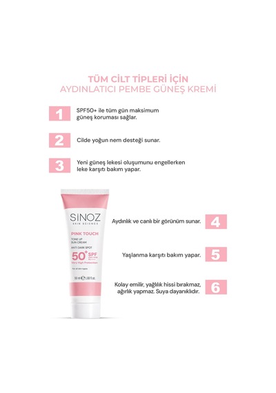Sinoz Pink Touch Aydınlatıcı ve Ton Eşitleyici Pembe Yüz Güneş Kremi SPF50 50 ML Sinoz Pink Touch Aydınlatıcı ve Ton Eşitleyici Pembe Yüz Güneş Kremi SPF50 50 ML