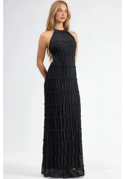 Hiccup Halter Yaka Dokulu Maxi Elbise Siyah