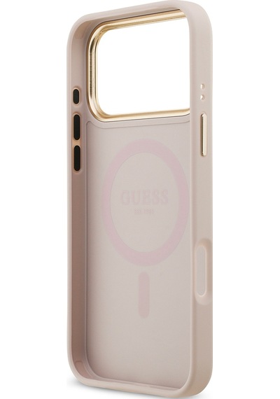 Apple Uyumlu iPhone 17 Pro Max Kılıf Guess Lisanslı M-safeli Gold Metal Kamera Çerçeveli Taşlı 4g Logolu Pembe Pembe