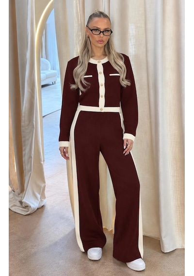 Elora Atelier Bordo Beyaz Şerit Detaylı Triko Takım
