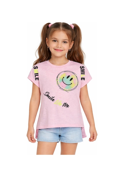 İrem Çocuk Giyim Kız Çocuk Smile Yazılı Emojili Desenli Pembe Renk Kısa Kol Tişört Pembe