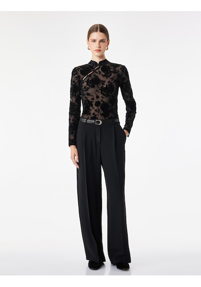 Koton Uzun Kollu Floral Dokulu Dik Qipao Yaka Tül Tişört Siyah Desenli 7wak10023uk