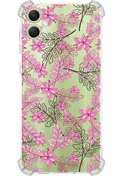 Samsung A05 Uyumlu Köşe Korumalı Floral Pembe Tasarımlı Şeffaf Silikon Kılıf