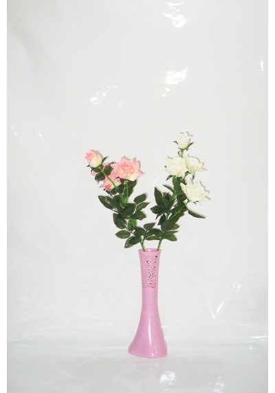 40 Cm Pembe İşlemeli Vazo Pembe Beyaz Gül