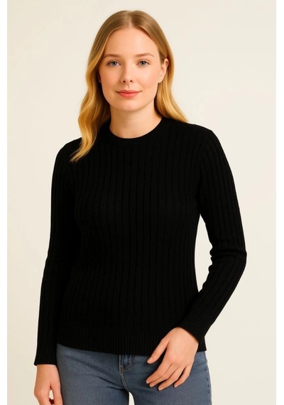 Defymoda Bisiklet Yuvarlak Yaka Triko Kazak Pamuklu Kalın Fitilli Dokuma, Regular Fit Uzun Kollu Kışlık Model Siyah