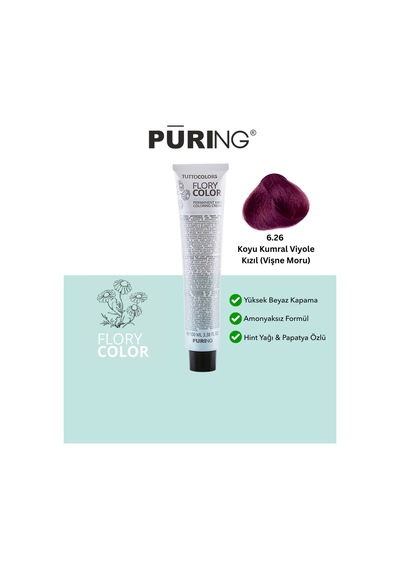 Puring Flory Color Papatya Özlü Amonyaksız Saç Boyası Vişne Moru 100 ML 6.26 Koyu Kumral Viyole Kızıl