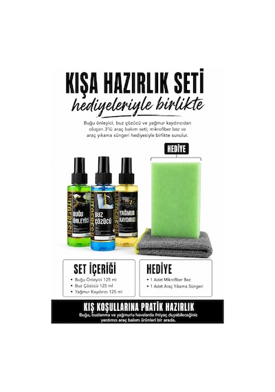 Kışlık 3'lü Oto Bakım Sprey Set Buğu Önleyici Buz Cözücü Yağmur Kaydırıcı 3x125ml