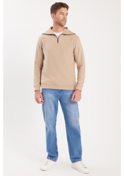 Tudors Unisex Relax Fit Rahat Kesim Fitilli Desenli Pamuklu Yarım Fermuarlı Bej Dik Yaka Sweatshirt-38228 Tudors Unisex Relax Fit Rahat Kesim Fitilli Desenli Pamuklu Yarım Fermuarlı Bej Dik Yaka Sweatshirt-38228