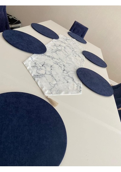 Ayşemce Amerikan Servis Takım Beyaz Mermer Desen Runner 6 Lacivert Supla A-home468 Diğer