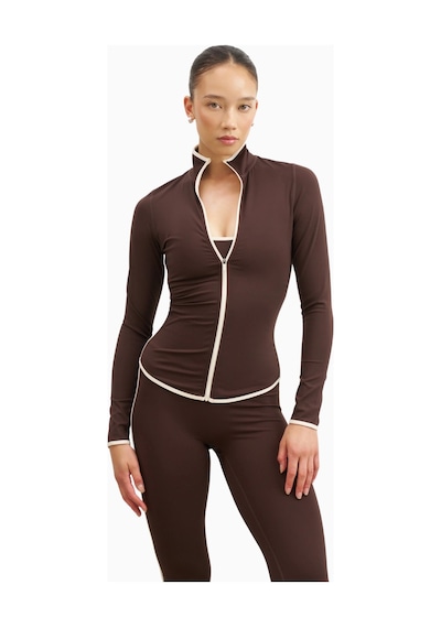 Because Of Alice Base Contrast Trim Zip Up Jacket Şekillendirici Kontrast Detaylı Kadın Ceket Kahverengi